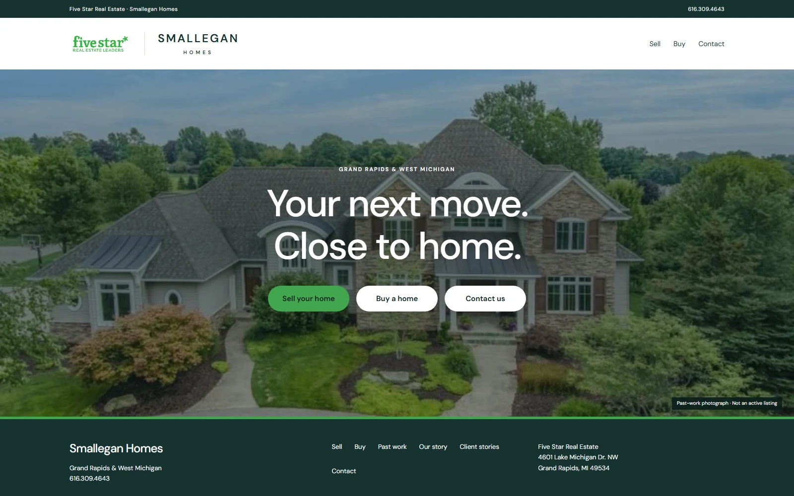 Smallegan Homes homepage with Five Star branding, the Meadowdale home, and Sell, Buy, and Contact buttons.