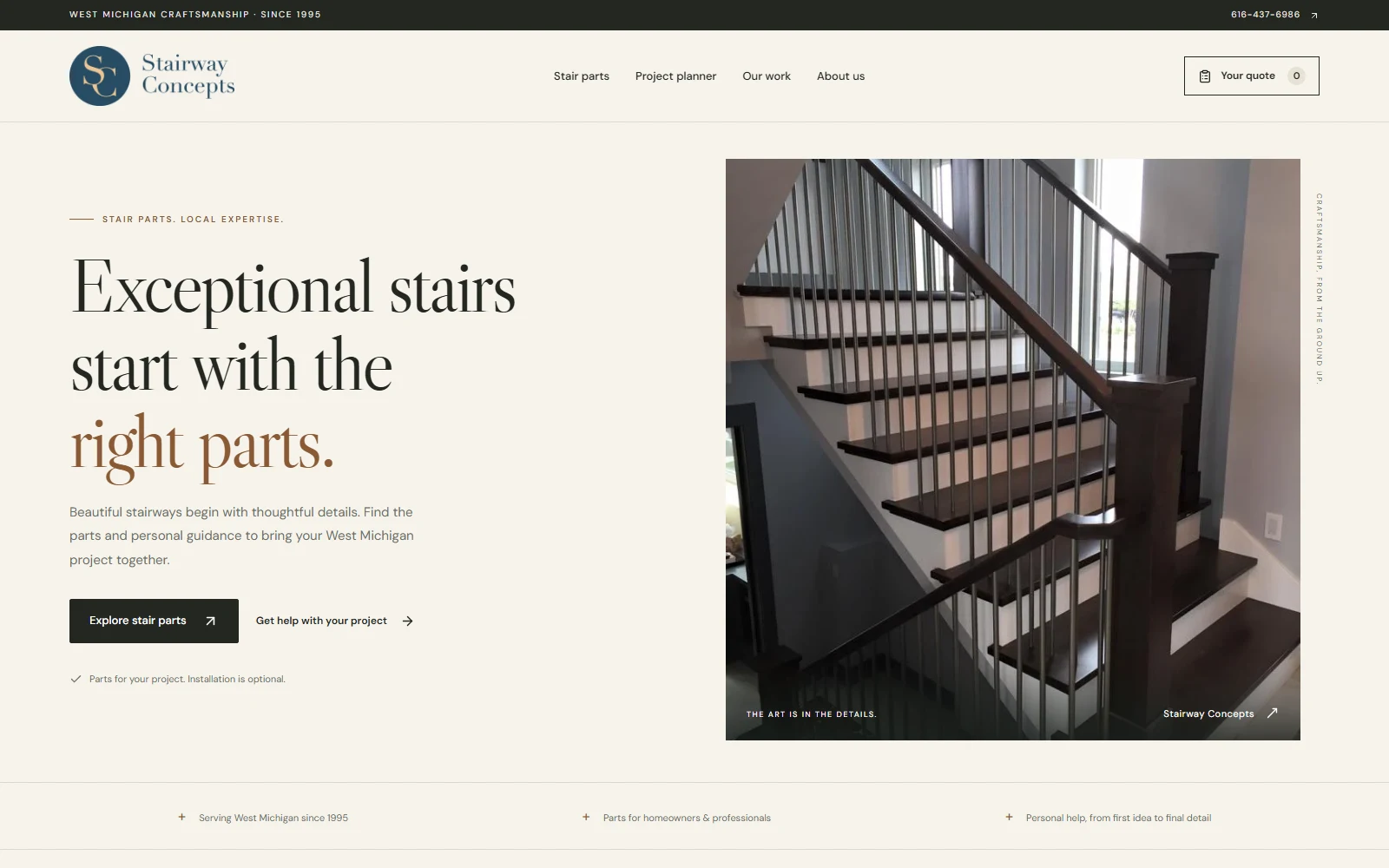 Stairway Concepts homepage with architectural typography, stair-parts navigation, and a large staircase photograph.